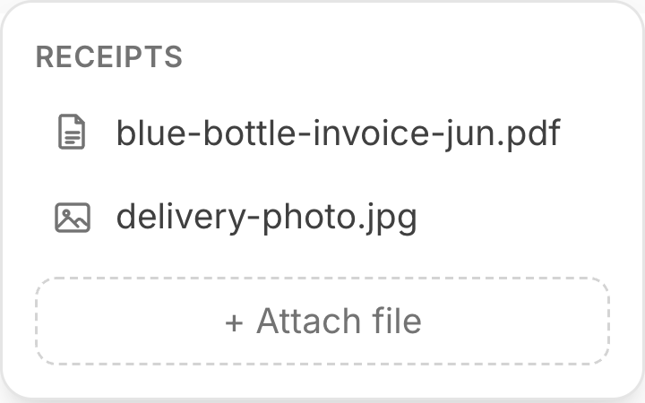 The receipts menu on a transaction — attached files plus a drop-to-attach zone