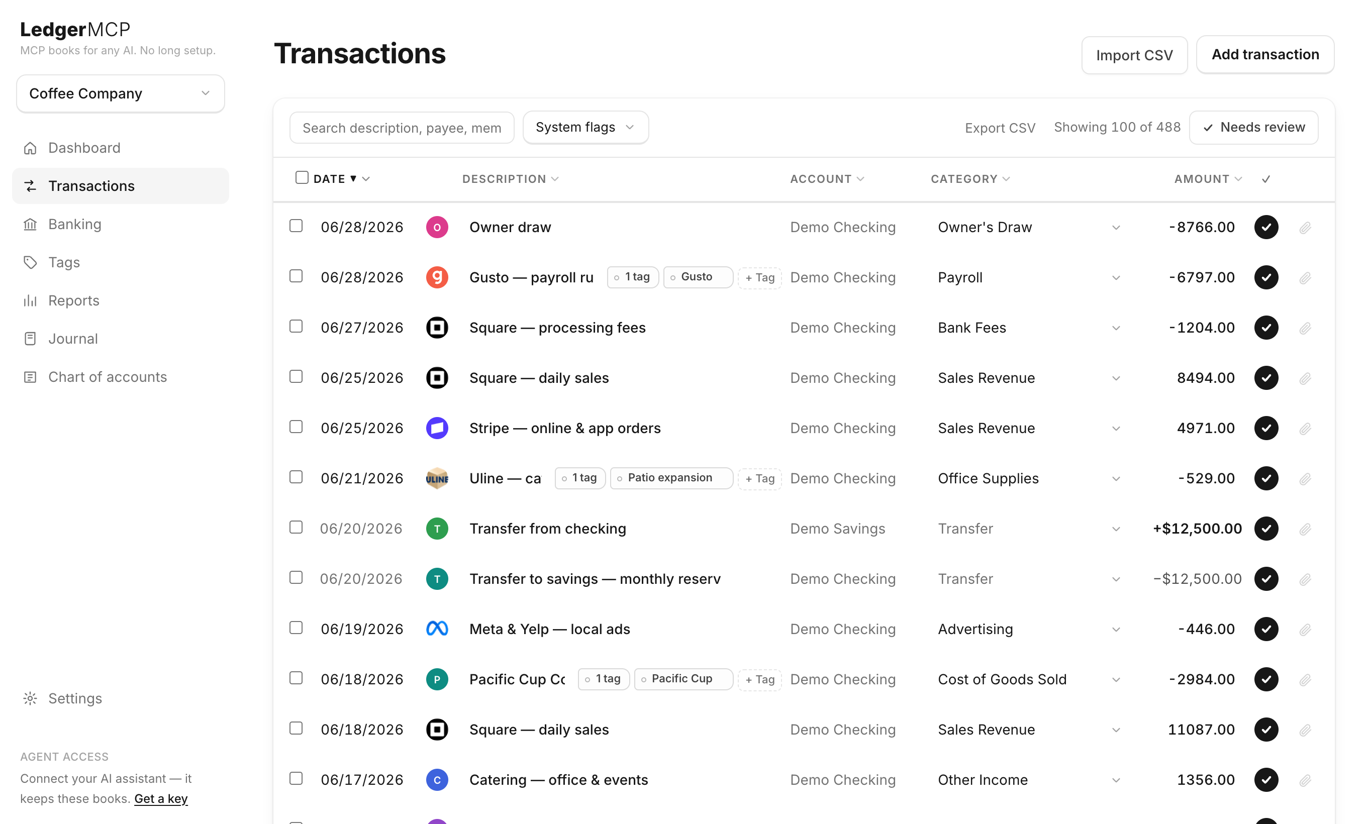 The LedgerMCP transactions register — a clean feed with inline categories, colored merchant logos, and review checkmarks